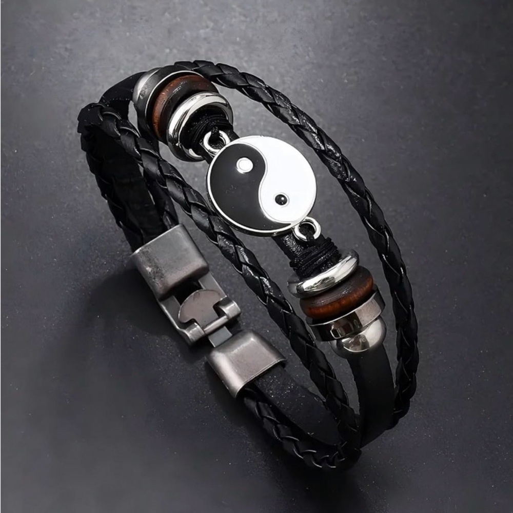 Yin-Yang Charm Black Three-strand Braided Leather Bracelet Mens Womens BT4